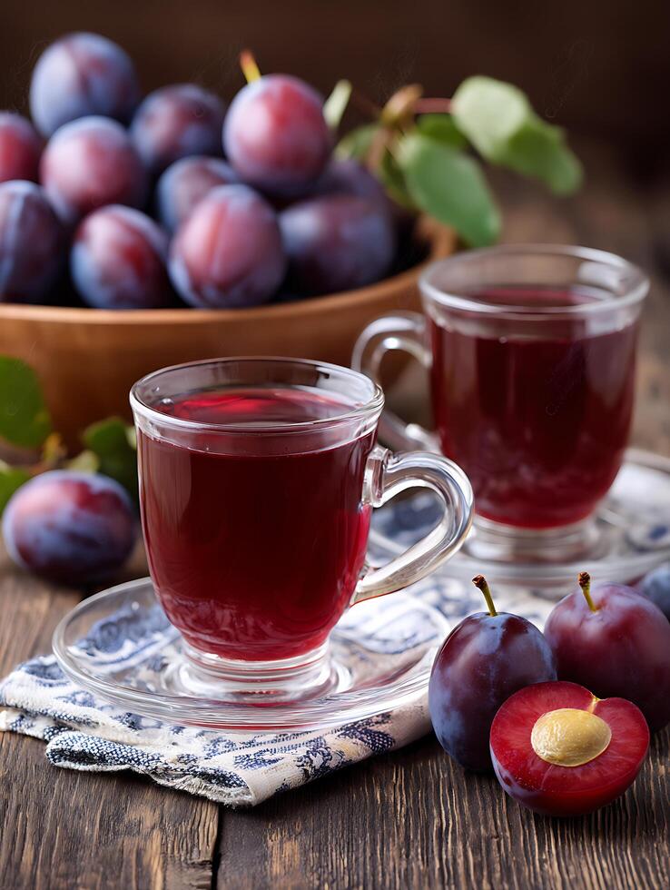 Two Cups of Refreshing Plum Juice with Fresh Plums. A close up image of a rustic still life. photo