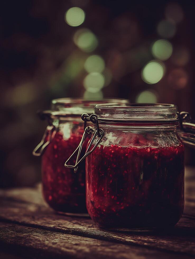 Homemade Raspberry Jam in Glass Jars on Rustic Wooden Table. photo
