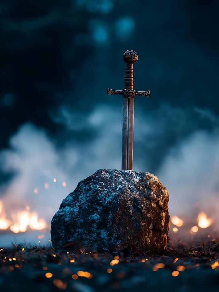 An ancient sword in a stone, illuminated by firelight. A fantasy scene depicting a mystical artifact. photo