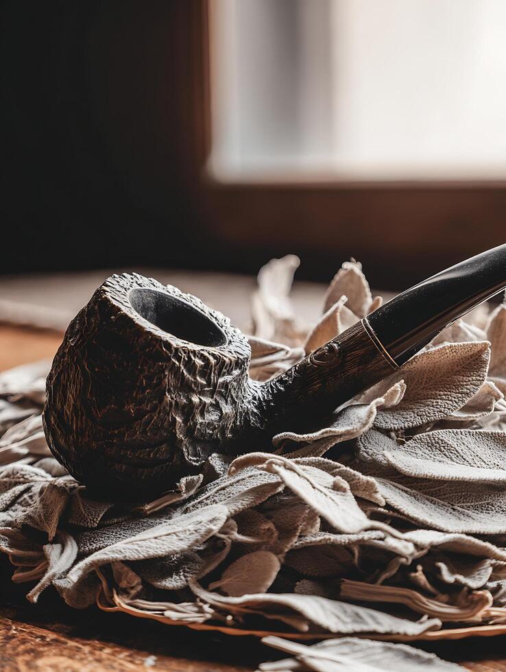 Close Up of a Smoking Pipe Resting on Dried Sage Leaves. photo