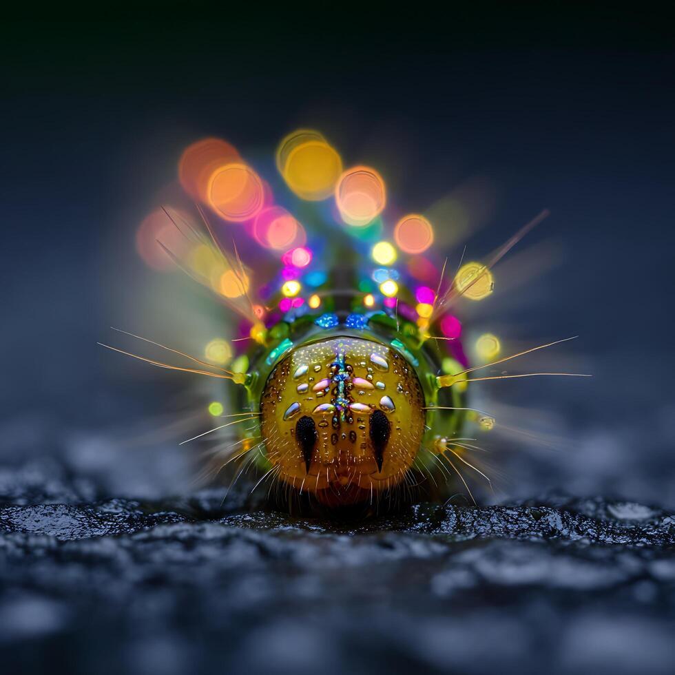 Close Up of a Colorful Caterpillar with Bokeh Lights. A vibrant macro photograph of an insect, illuminated with colorful, out of focus lights. photo