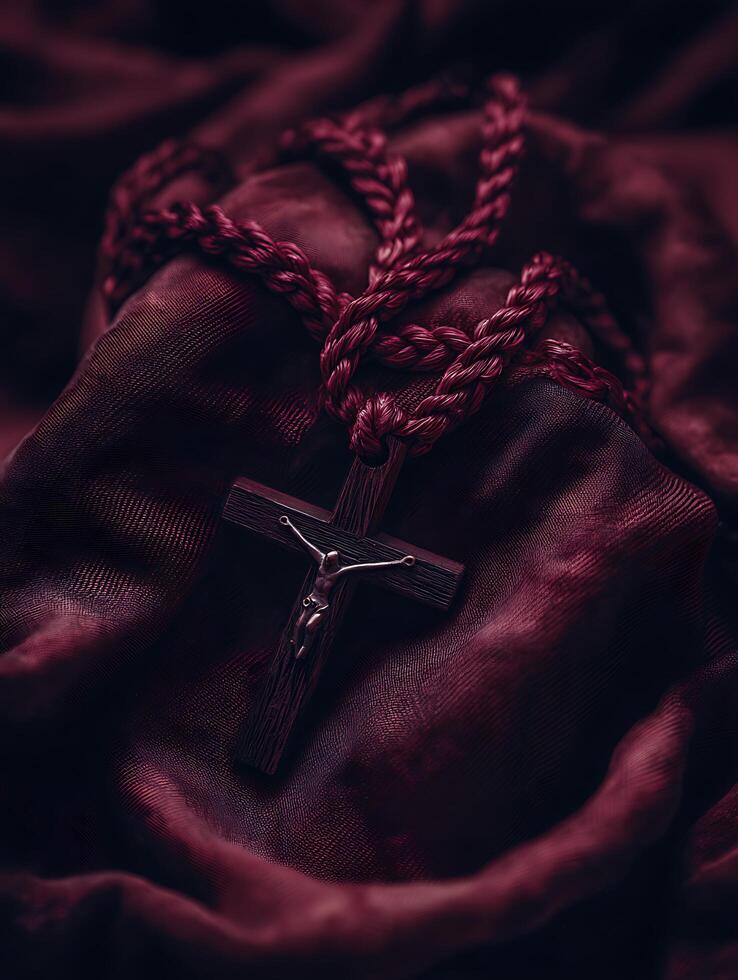 Dark Maroon Fabric Draped with Wooden Crucifix and Rope. photo
