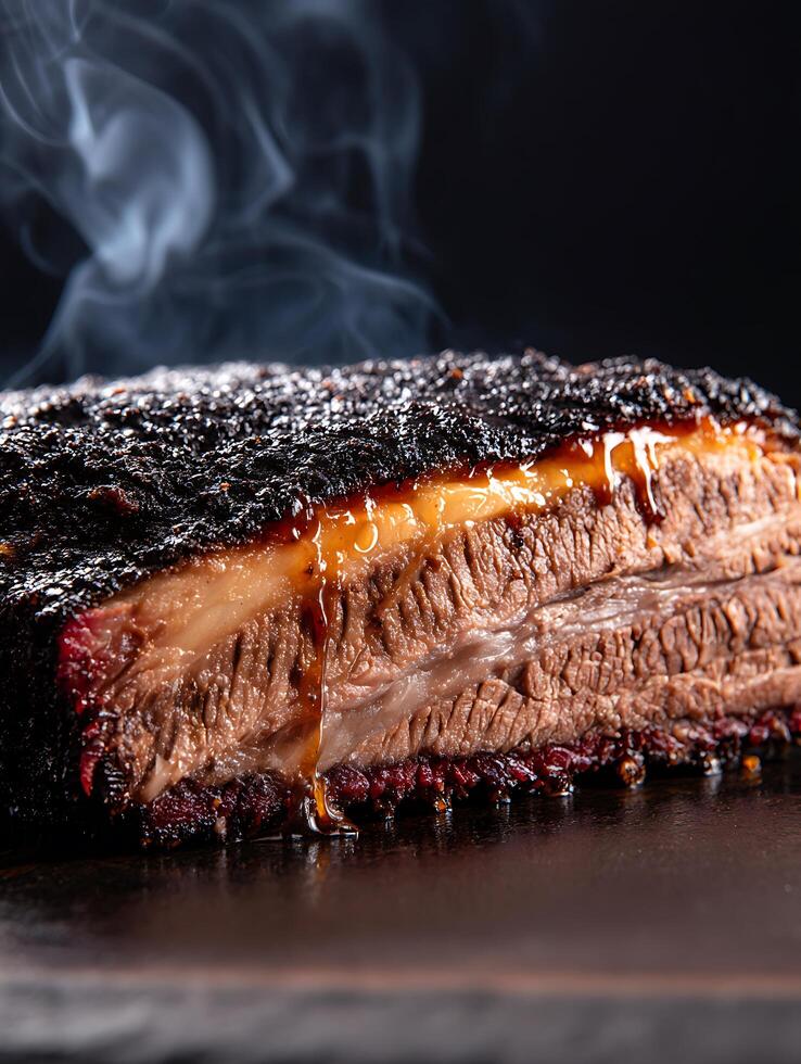 Close up of Smoked Brisket with Delicious BBQ Glaze. Juicy, tender meat with a smoky crust. photo