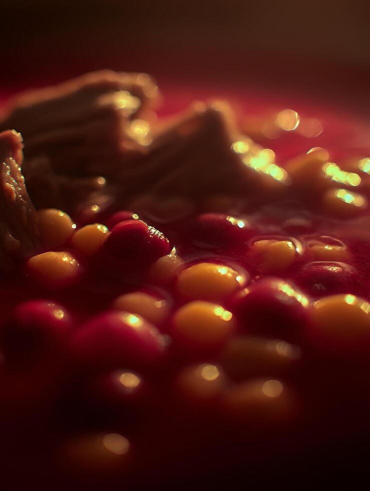 Close up of Red and Yellow Food in a Bowl, Warm Lighting. photo