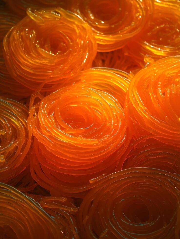 Close Up of Sweet Jalebi Spirals, Indian Dessert. photo