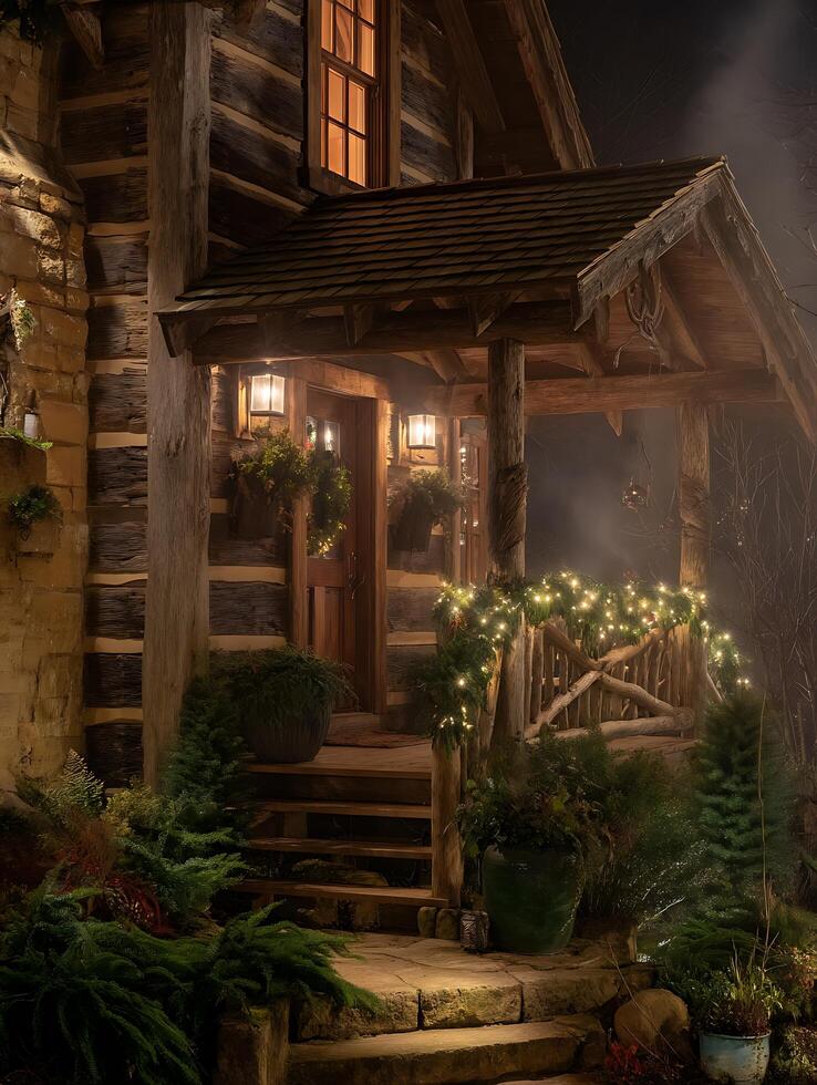 Illuminated Log Cabin Entrance at Night, Festive Holiday Decor. photo