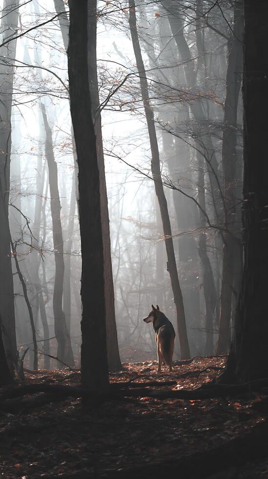Lone Wolf in a Misty Autumn Forest. A majestic canine stands amidst the trees, bathed in the soft light of a sunlit morning. photo