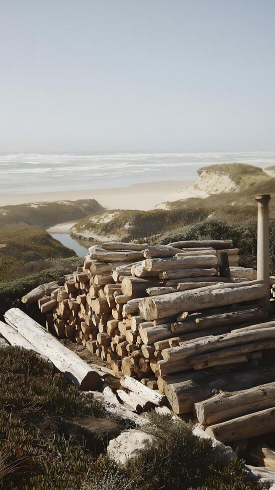 Coastal Log Pile with Ocean View A Rustic Scene of Driftwood and Seascape. photo