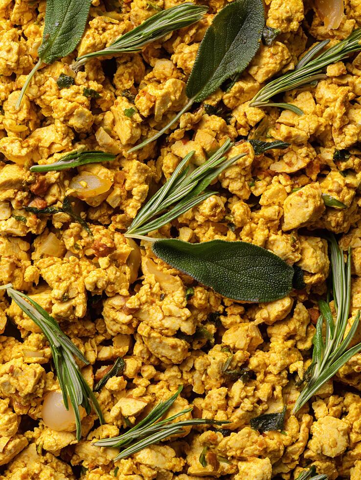 Close Up of Seasoned Tofu Scramble with Herbs. A Detailed Food Image Showing Texture and Flavor. photo