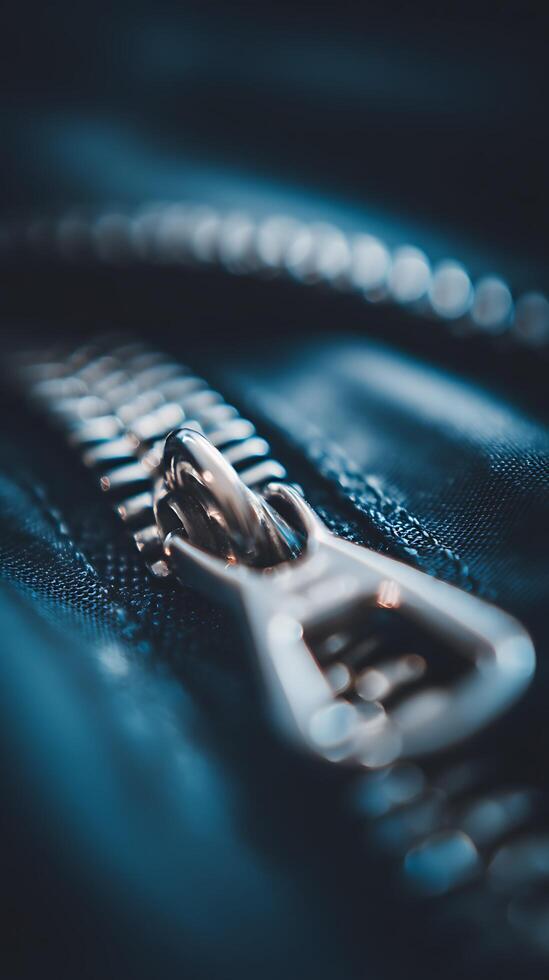 Close Up of a Metal Zipper on Dark Fabric. A Detailed Macro Photograph of a Zipper's Mechanism. photo