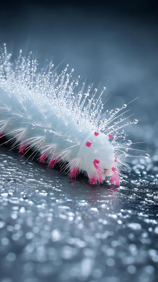 Close up of a fuzzy caterpillar covered in water droplets. A stunning macro photograph showcasing the intricate details of nature. photo