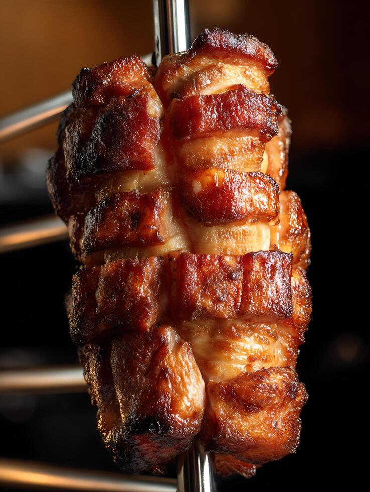 Close up of Roasted Pork Belly on a Skewer, Deliciously Crispy and Brown. photo