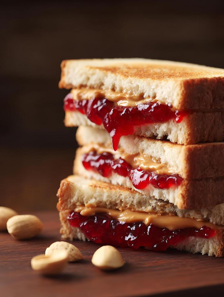 Delicious Close Up of Peanut Butter and Jelly Sandwiches Stacked on a Wooden Board. photo