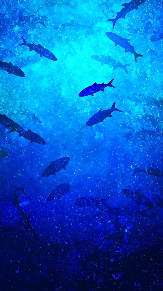 School of Fish Silhouettes in Deep Blue Ocean Water. A dramatic underwater scene featuring a large group of fish swimming together. photo