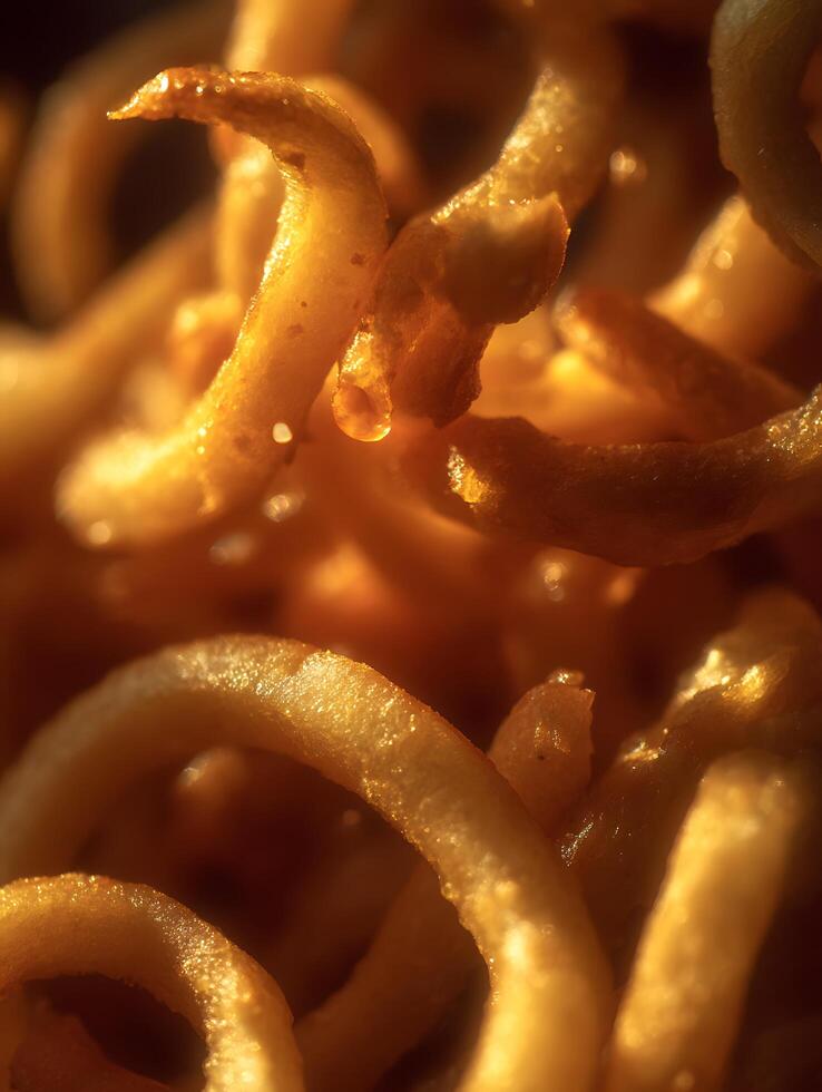 Extreme close up of golden curly fries, glistening with oil. photo