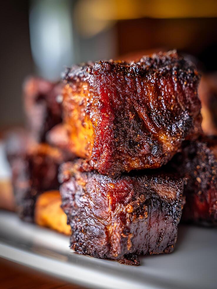 Close up of Delicious BBQ Beef Short Ribs on a Plate. A mouthwatering image perfect for food blogs and restaurant menus. photo