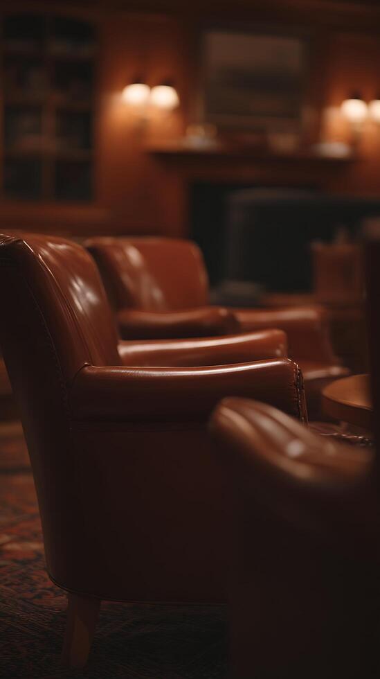 Luxurious Leather Armchairs in a Warmly Lit Interior. A close up view of rich brown leather chairs in a sophisticated setting. photo