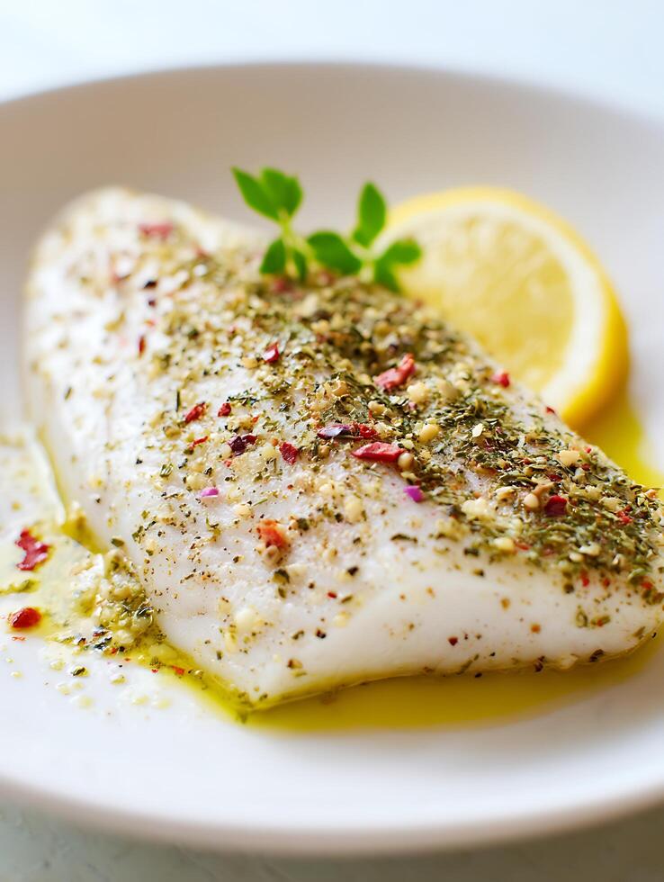 Close up of Herb Crusted Baked Fish Fillet with Lemon. photo