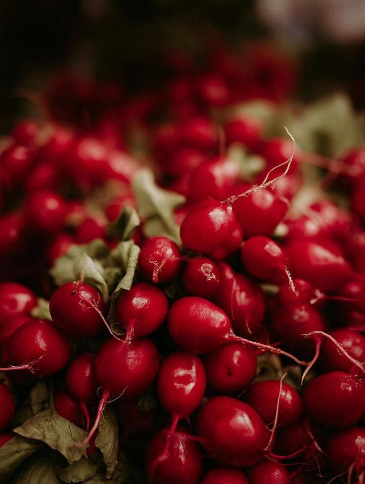 Close Up of Fresh Red Radishes at a Farmers Market. A vibrant image perfect for food blogs, cooking websites, or healthy eating campaigns. photo
