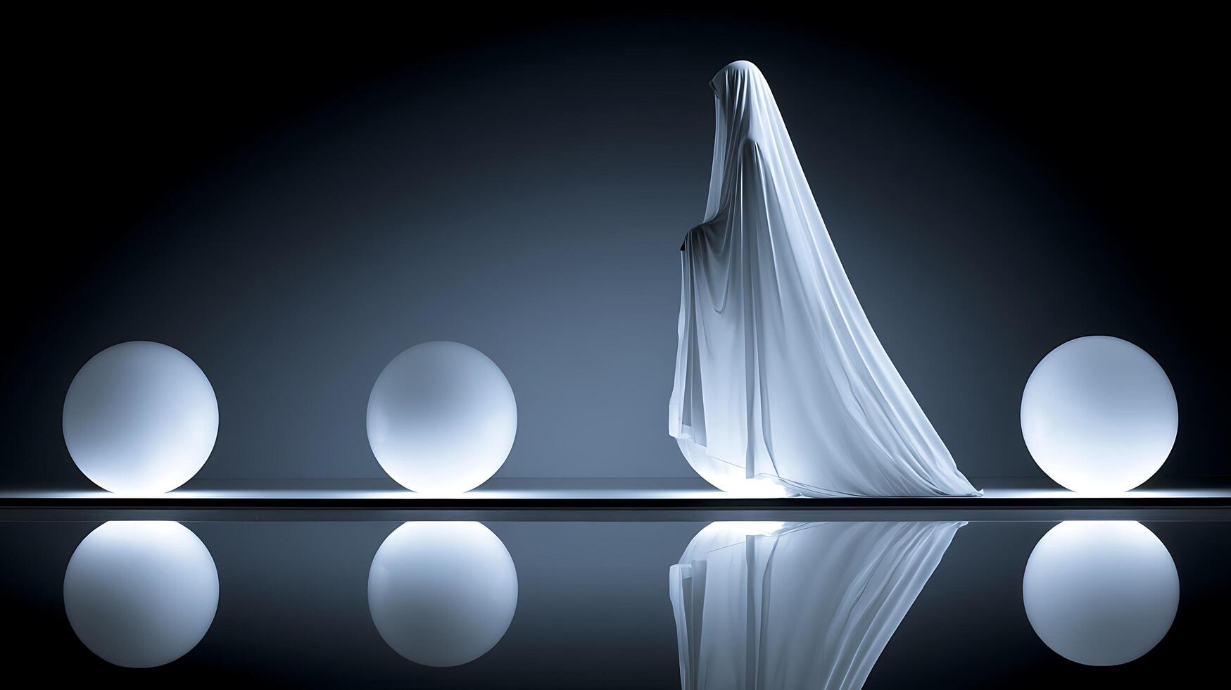 Ethereal Figure in Flowing White Robe, Illuminated by Glowing Spheres. photo