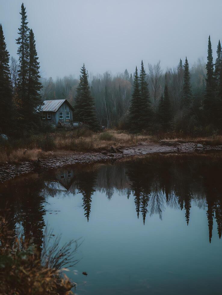 Serene Cabin Reflection in a Misty Forest Lake. A tranquil scene of a rustic cabin nestled amongst evergreens, perfectly mirrored in the still waters of a lake. photo