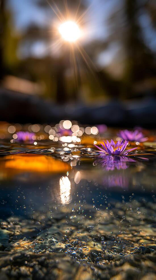 Serene Water Lily Bloom at Sunset Above and Below the Surface. photo
