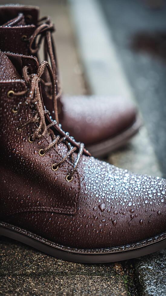 Close up of Brown Leather Boots Covered in Water Droplets. A detailed image showcasing the texture and water resistance of stylish footwear. photo