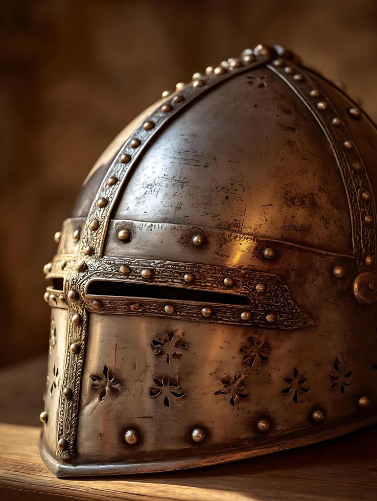 Close Up of an Ornate Medieval Knight's Helmet. photo