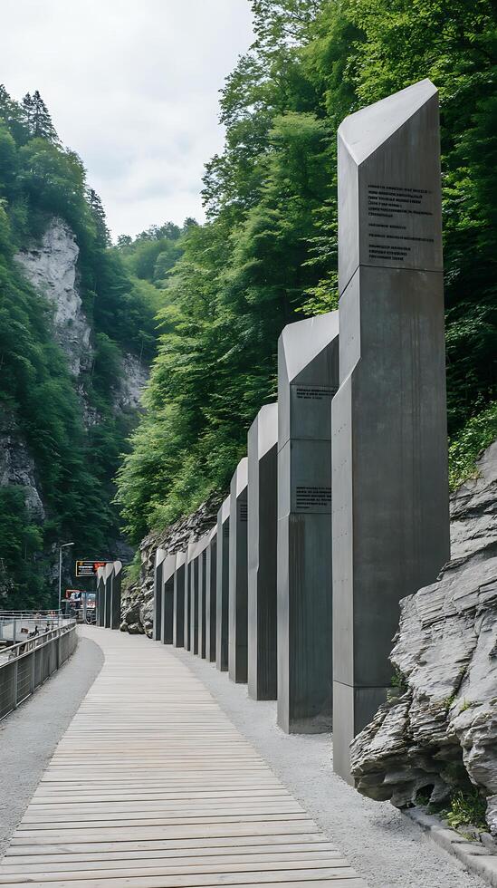 Modern Memorial Pathway in a Mountainous Green Landscape. A scenic walkway lined with tall, sleek monuments amidst lush greenery and rocky terrain. photo