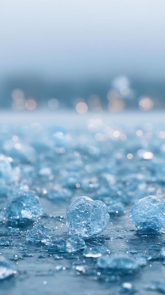 Close up of Ice Chunks on a Frozen Lake Surface. A Stunning Winter Scene with a Soft Focus Background. photo