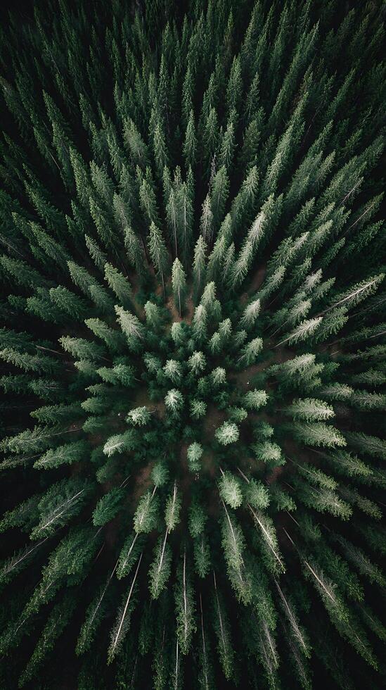 Aerial View of a Lush Evergreen Forest, Symmetrical Tree Pattern. photo