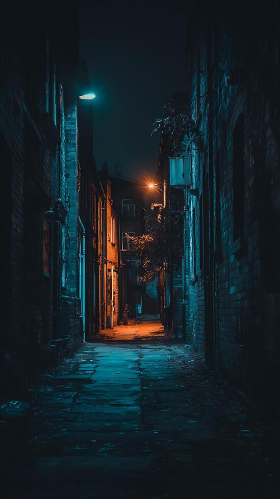 Dark and Moody Night Alleyway Scene Illuminated Brick Buildings and Cobblestone Path. photo