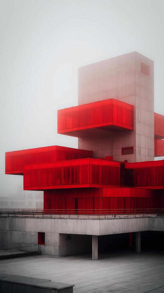 Modern Architecture Red Glass Facade Building in Fog. photo