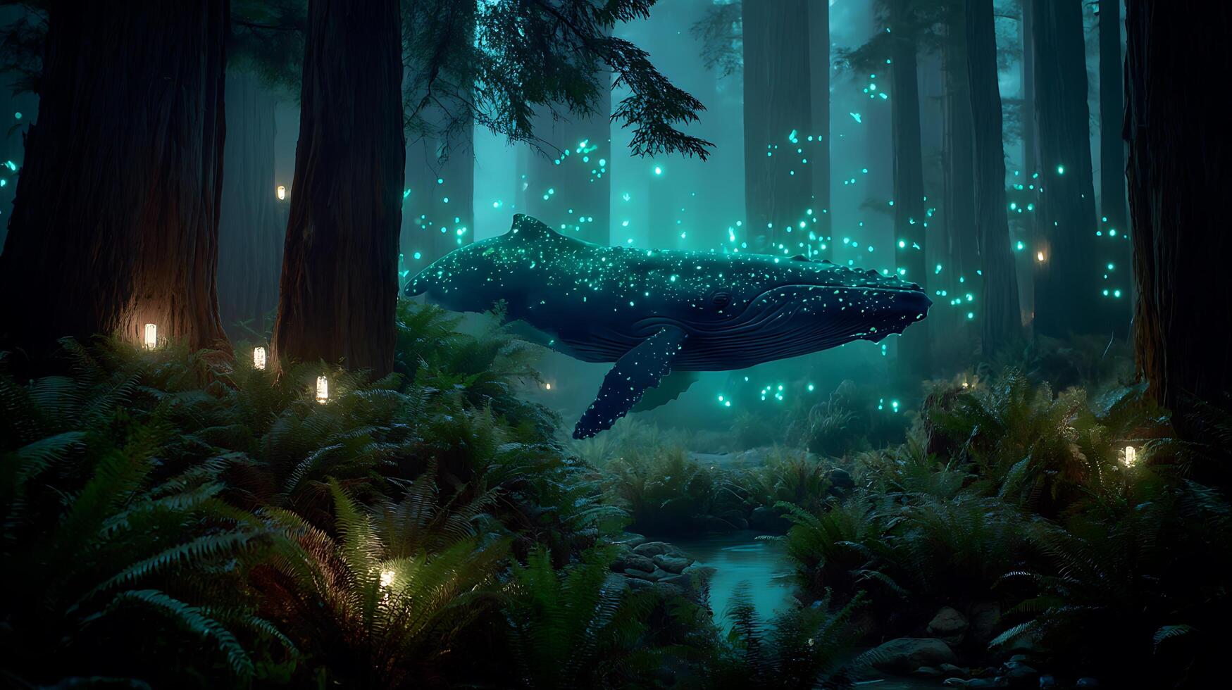 Enchanting Whale in a Glowing Firefly Forest. A magical illustration of a whale swimming through a mystical forest lit by fireflies. photo