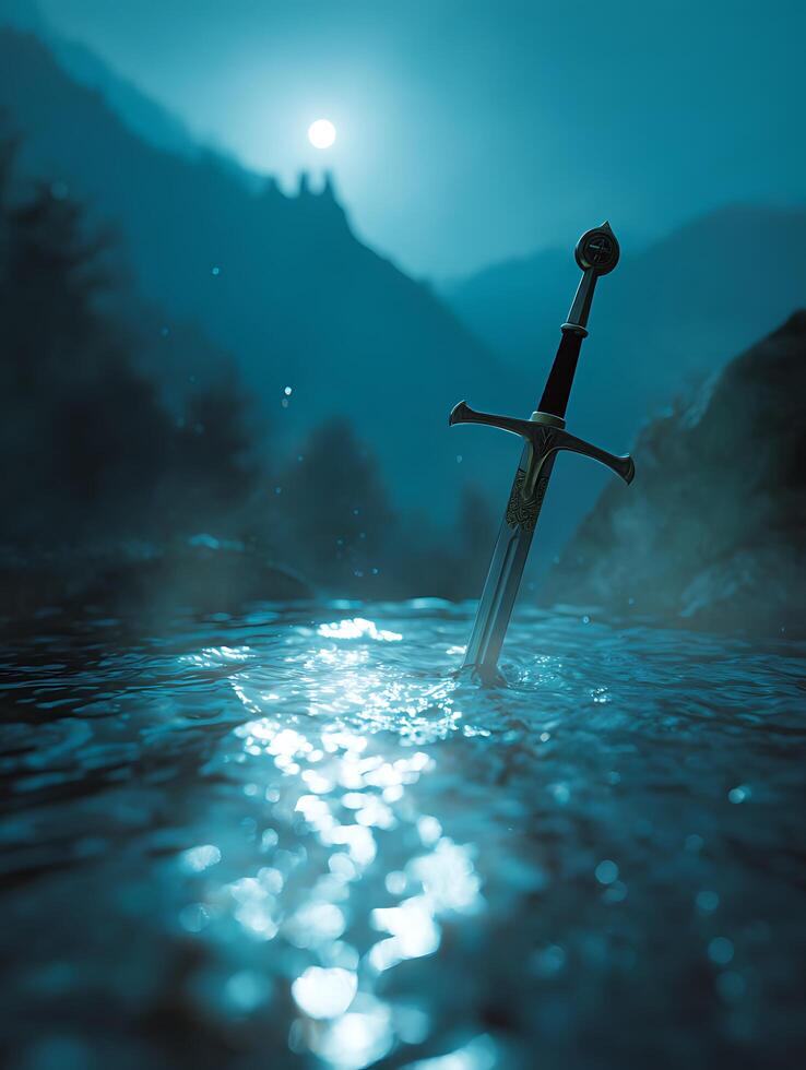 An Ancient Sword Rises from a Mystical Lake at Dusk. photo