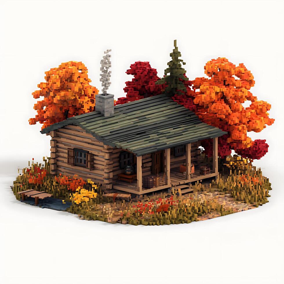 Cozy Autumn Log Cabin in a Pixel Art Style. A charming illustration of a rustic wooden cabin nestled amongst colorful fall foliage. photo