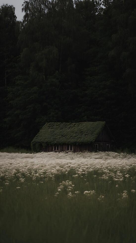 Overgrown Cabin in a Field of Wildflowers at Dusk. A picturesque image of a rustic wooden cabin nestled amongst wildflowers, surrounded by a dark forest. photo