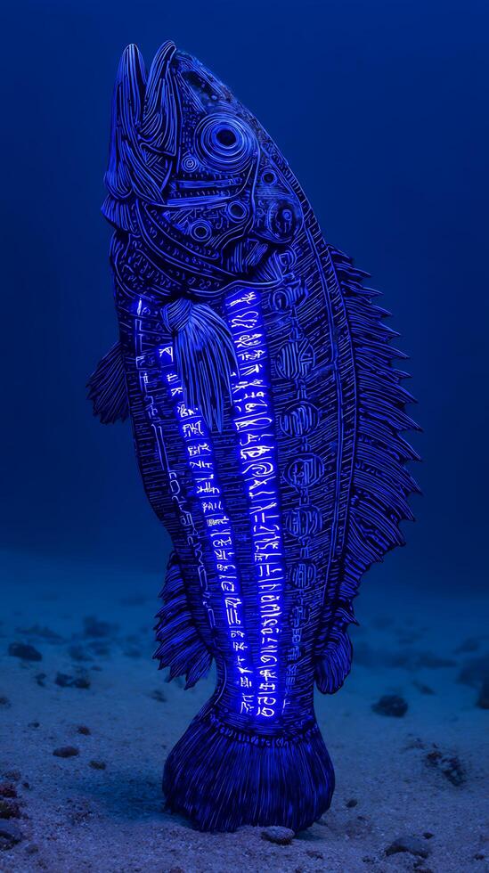 Artistic Rendering of a Fish with Ancient Glyphs, Underwater Scene. photo