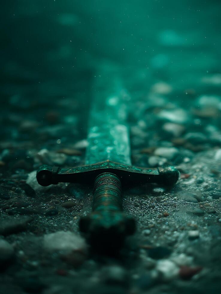 An Ancient Sword Lies Submerged in a Mystical Underwater Realm. photo