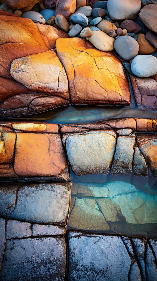Abstract Rock Formation with Water Flowing Through Cracks Colorful Stone Texture. photo