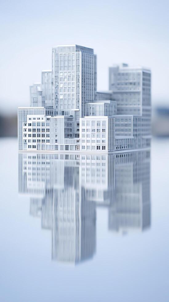 Modern Cityscape Reflection Architectural Model in Calm Waters. photo