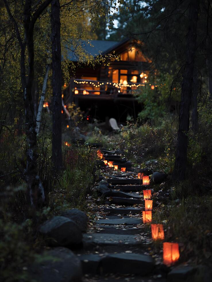Illuminated Path to a Cozy Cabin in the Woods at Dusk. photo