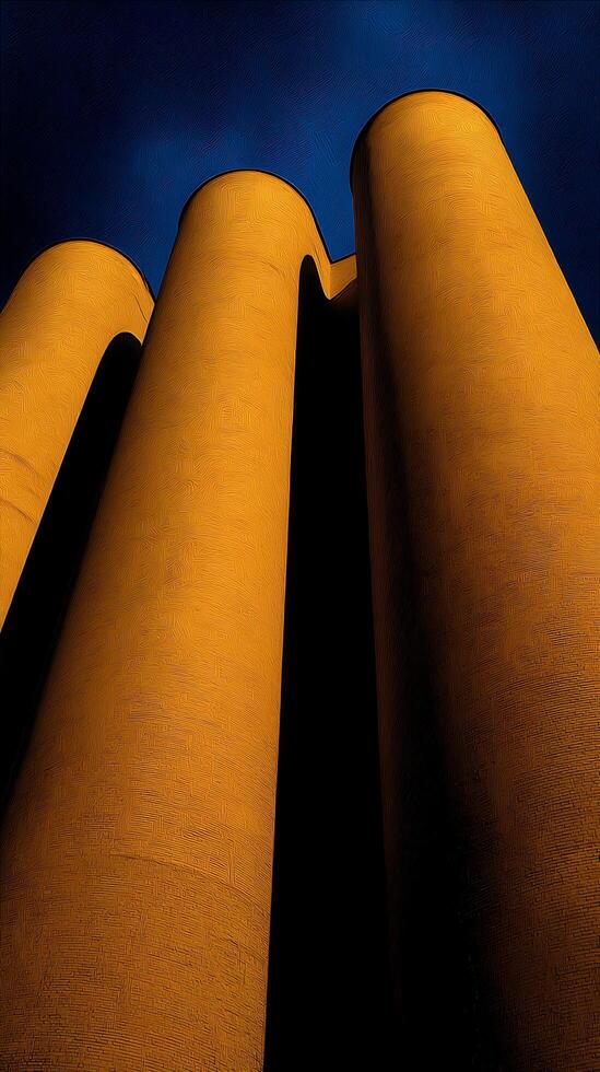 Abstract Golden Cylinders Against a Deep Blue Sky Architectural Study. photo