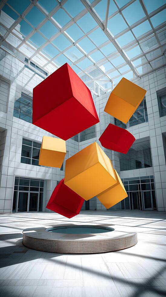 Abstract Red and Gold Cubes Floating in Modern Building Atrium. photo