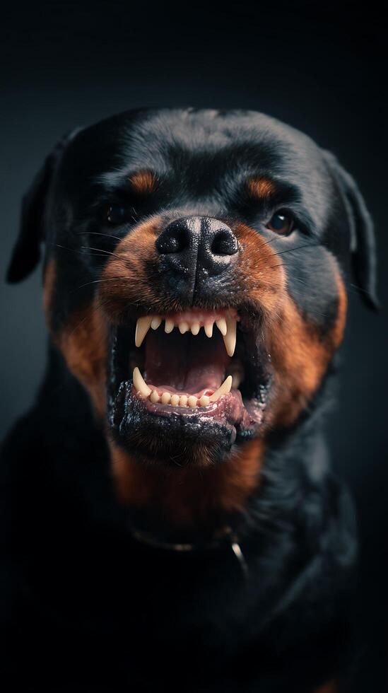 Rottweiler Dog Showing Teeth, Close Up Portrait. photo