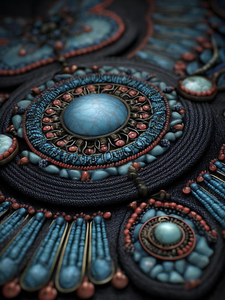 Close Up of Intricate Beaded Jewelry with Turquoise and Coral Accents. A Detailed Image of Handmade Artisan Necklace. photo