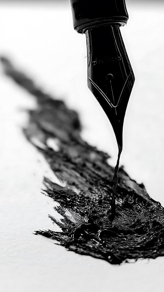 Fountain Pen Ink Flowing onto Paper, Close Up Detail. A dramatic image showcasing the artistry of ink and writing. photo
