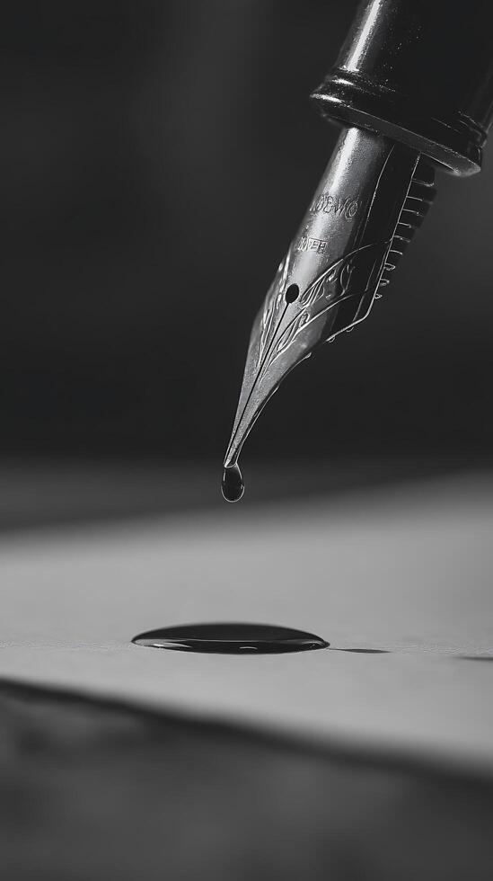 Close up of a fountain pen nib releasing a drop of ink onto paper. photo