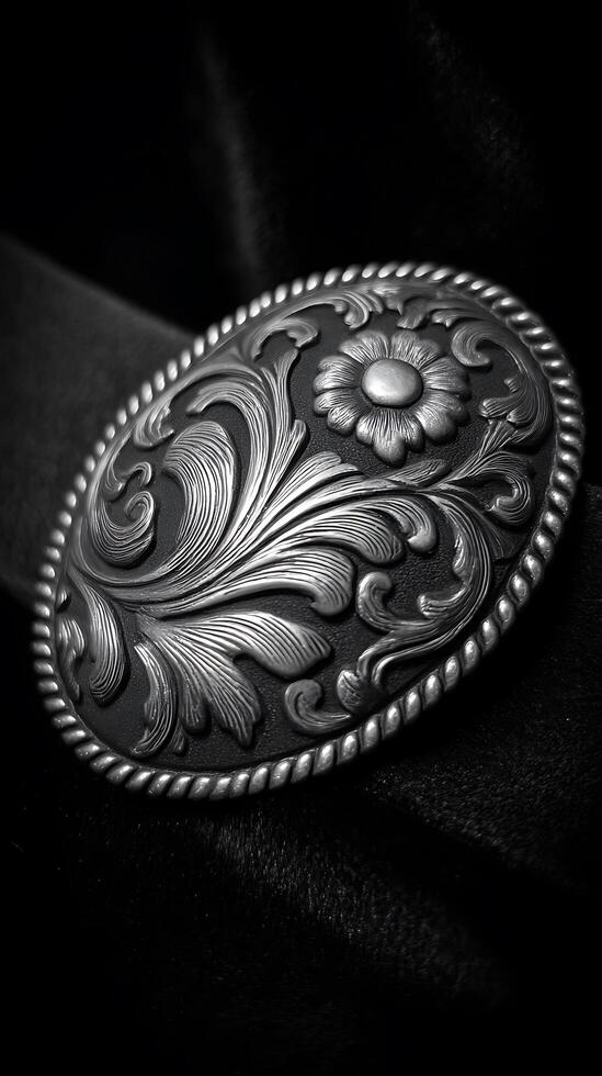 Intricate Floral Design on a Silver Belt Buckle. A close up shot showcasing the detailed craftsmanship. photo