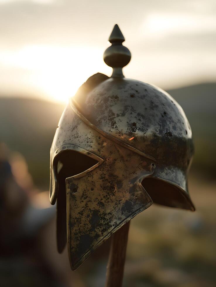 Ancient Greek Helmet at Sunset A Close Up of History. photo
